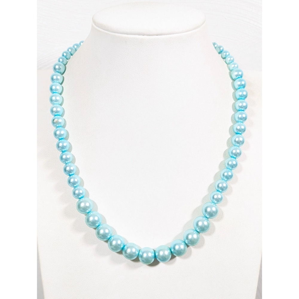 Aqua Blue Faux Pearl Necklace Graduated Glass Beads Statement 18"
